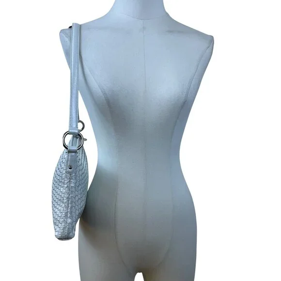 Alfani Womens White Leather Woven Zip Closure Designer Handle Shoulder Bag - Picture 6 of 14